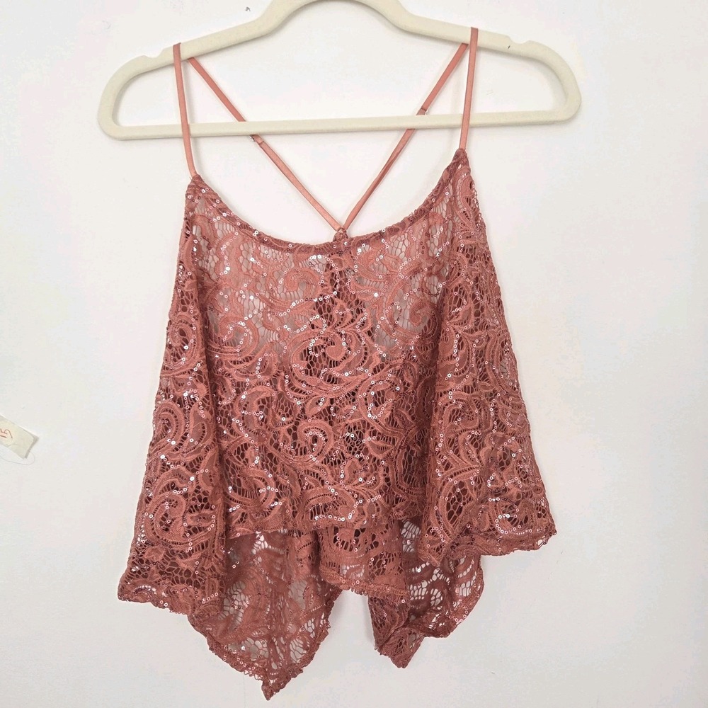 Free People NWOT Sequin Lace Cropped Cami Tank Scoop Neck LARGE Rise Intimately